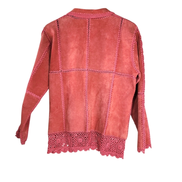 Vintage Suede Crochet Patchwork Jacket XL Boho Western Pink Coral Button Front - Picture 11 of 16
